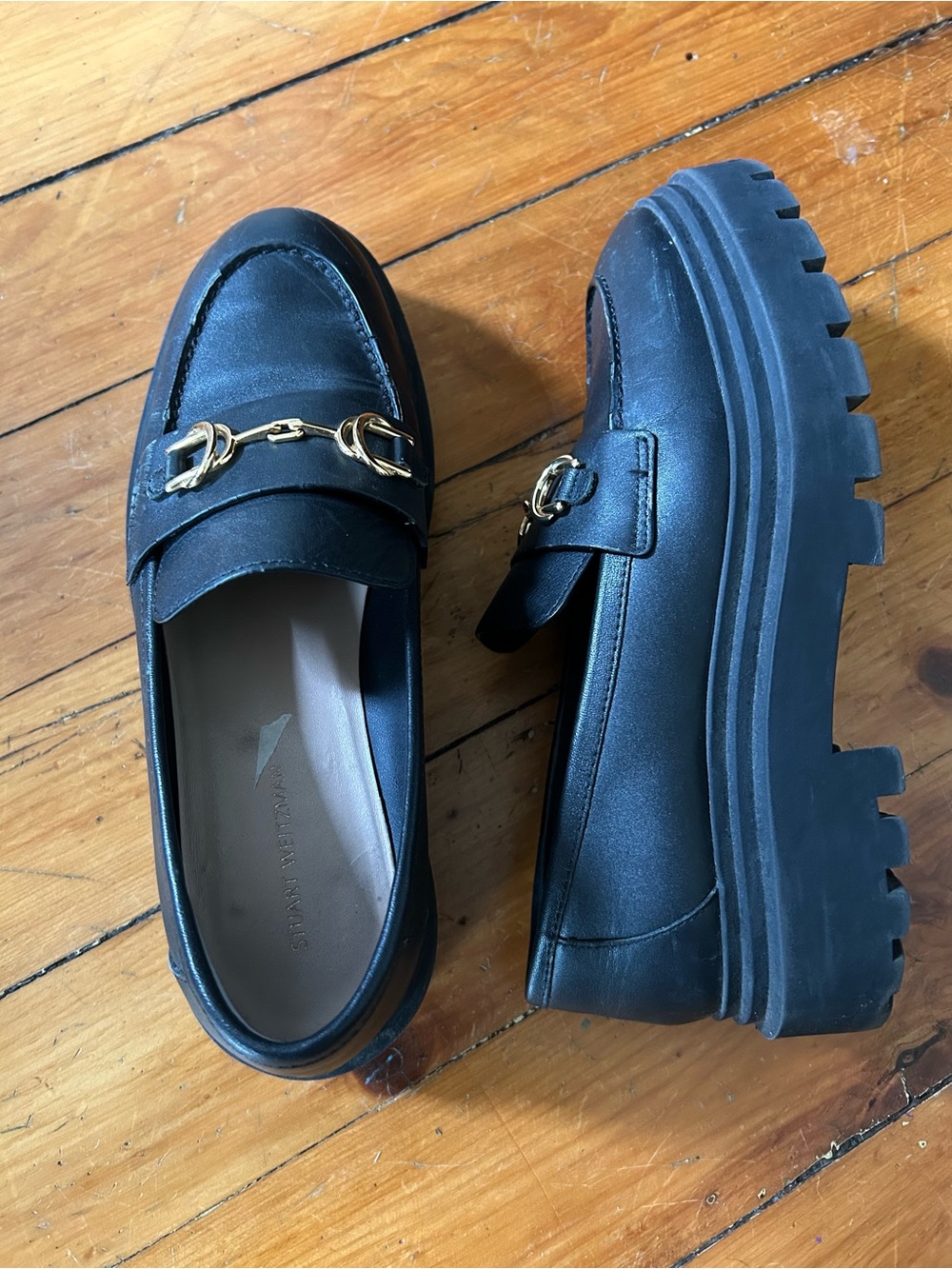 Stuart Weitzman Owen Black Leather Platform Bit Loafer Horsebit Gold 7